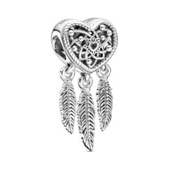 Pandora ékszer Áttört szív és tollak álomfogó ezüst charm charm